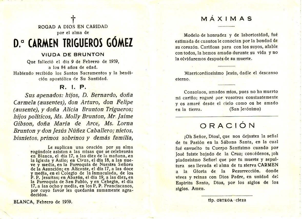 Recordatorio funerario de Carmen Trigueros Gómez, febrero de 1959